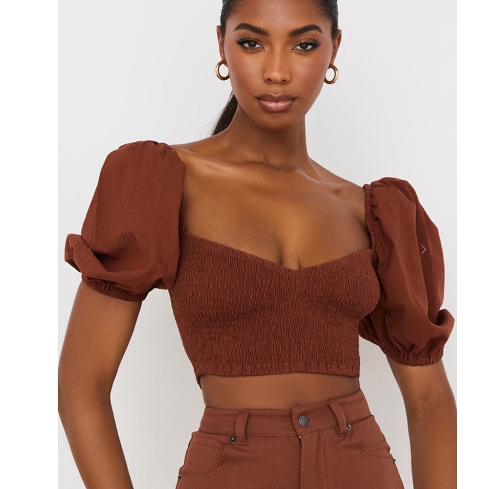 House of CB London Lavonna Top XS Cocoa Puff Sleeve Cropped Smocked Top NEW!